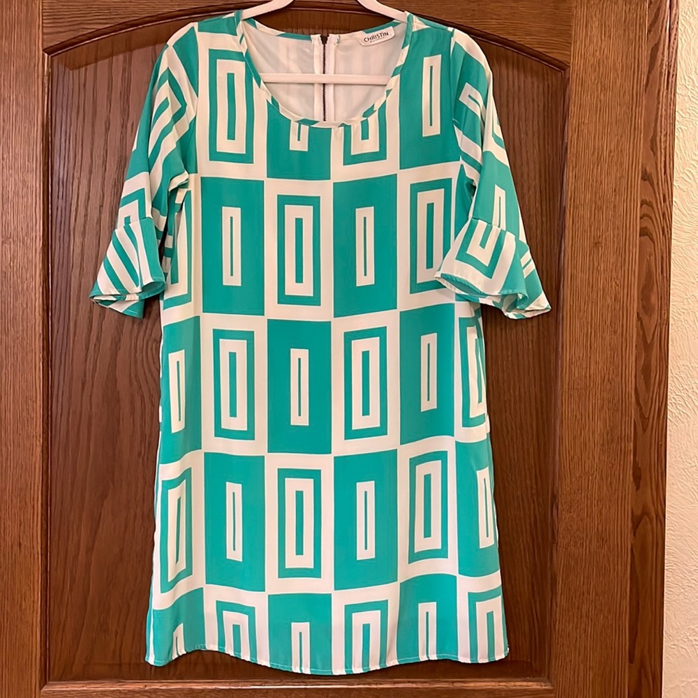 Christin Michaels Green White Geometric Dress Sz S